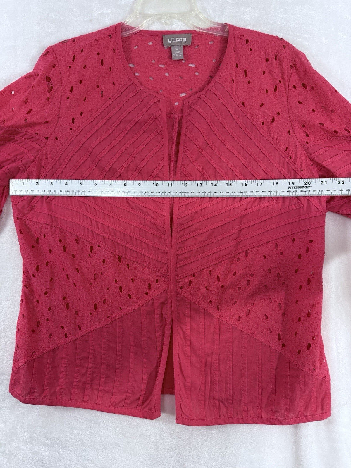 Chicos Size 3 Jacket Pink Eyelet 100% Cotton XL Womens 3/4 Sleeve Lightweight