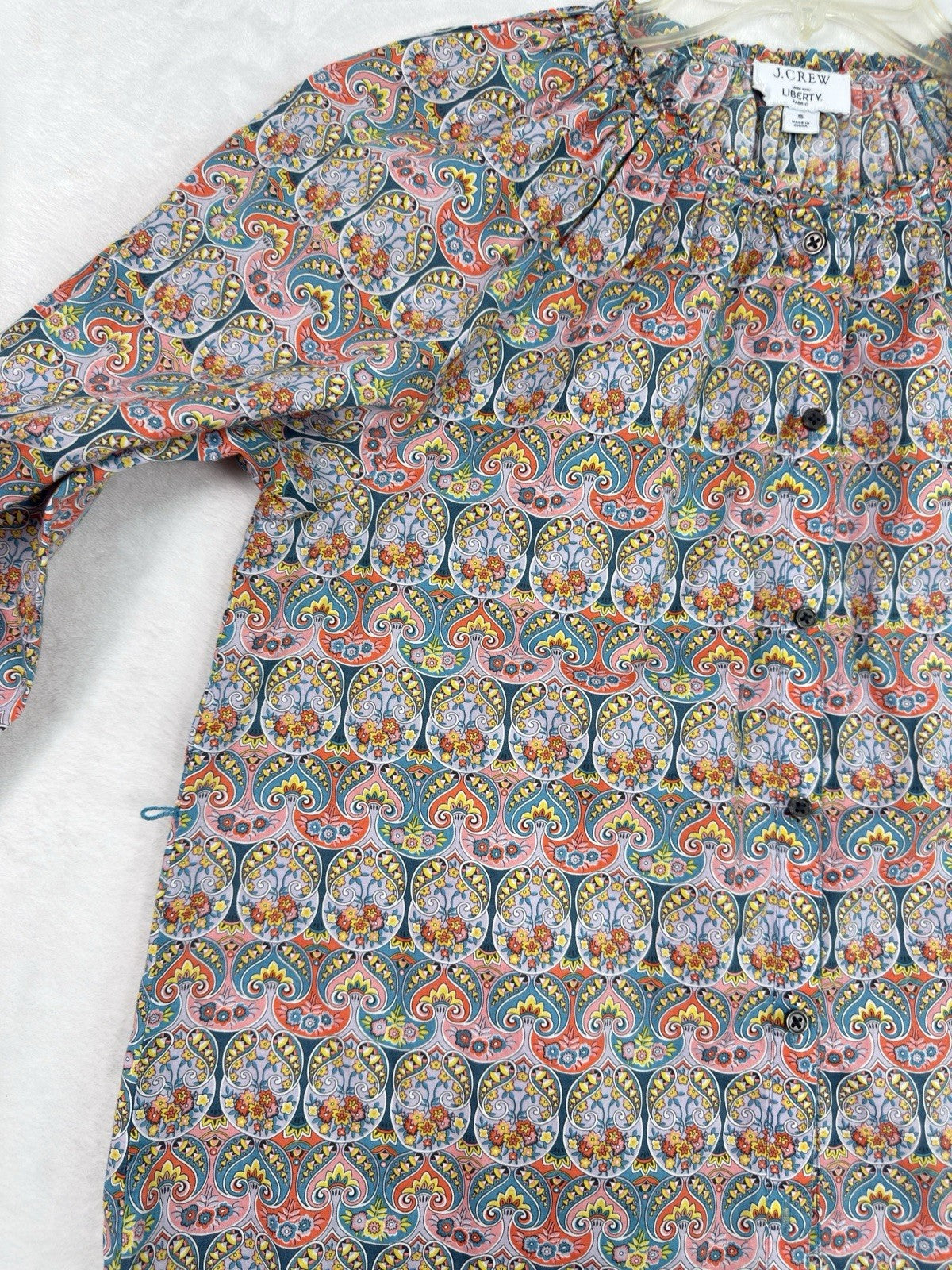 J Crew Liberty Of London Shirt Small Blouse Smocked Cotton Blue Pink Paisley