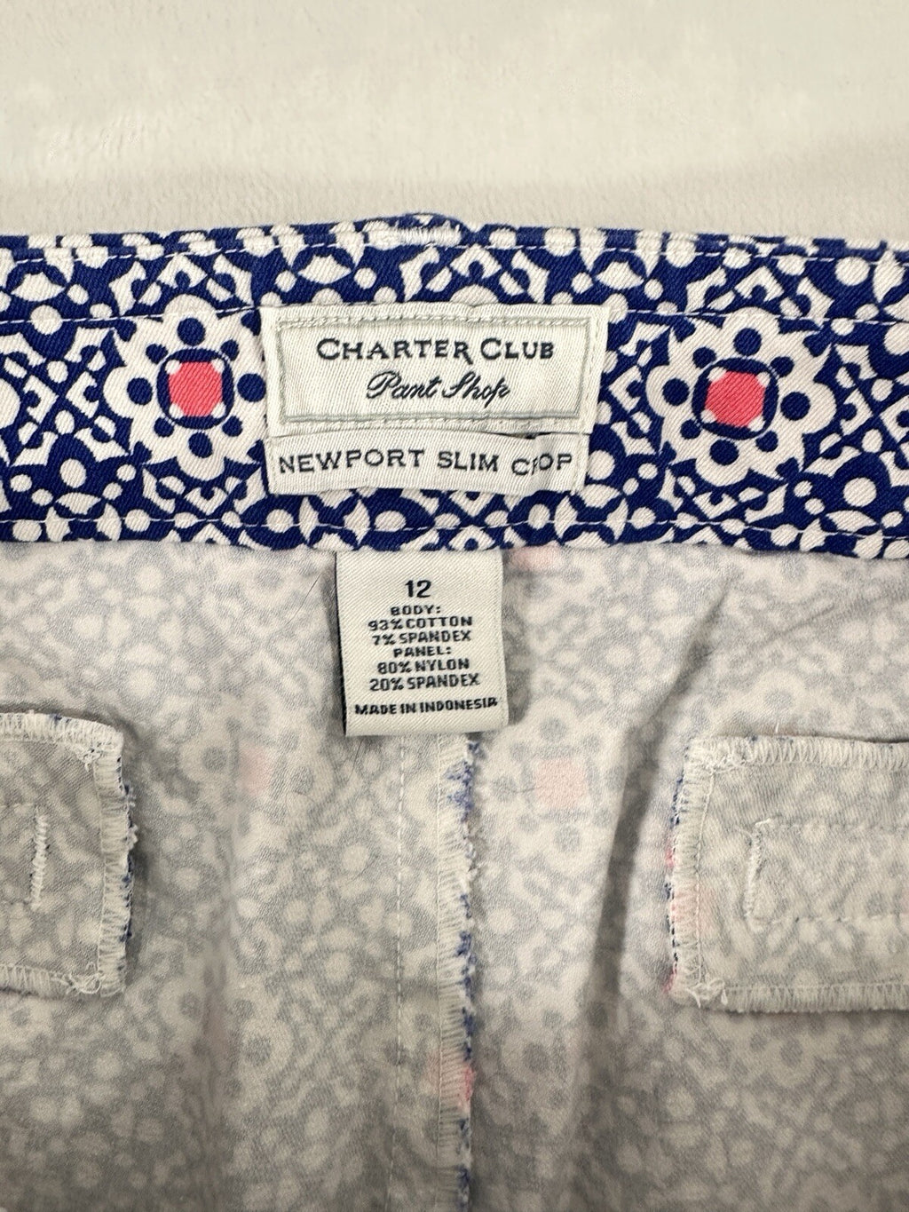 Charter Club Newport Slim Crop Pants 12 Blue Print Womens Cotton Stretch