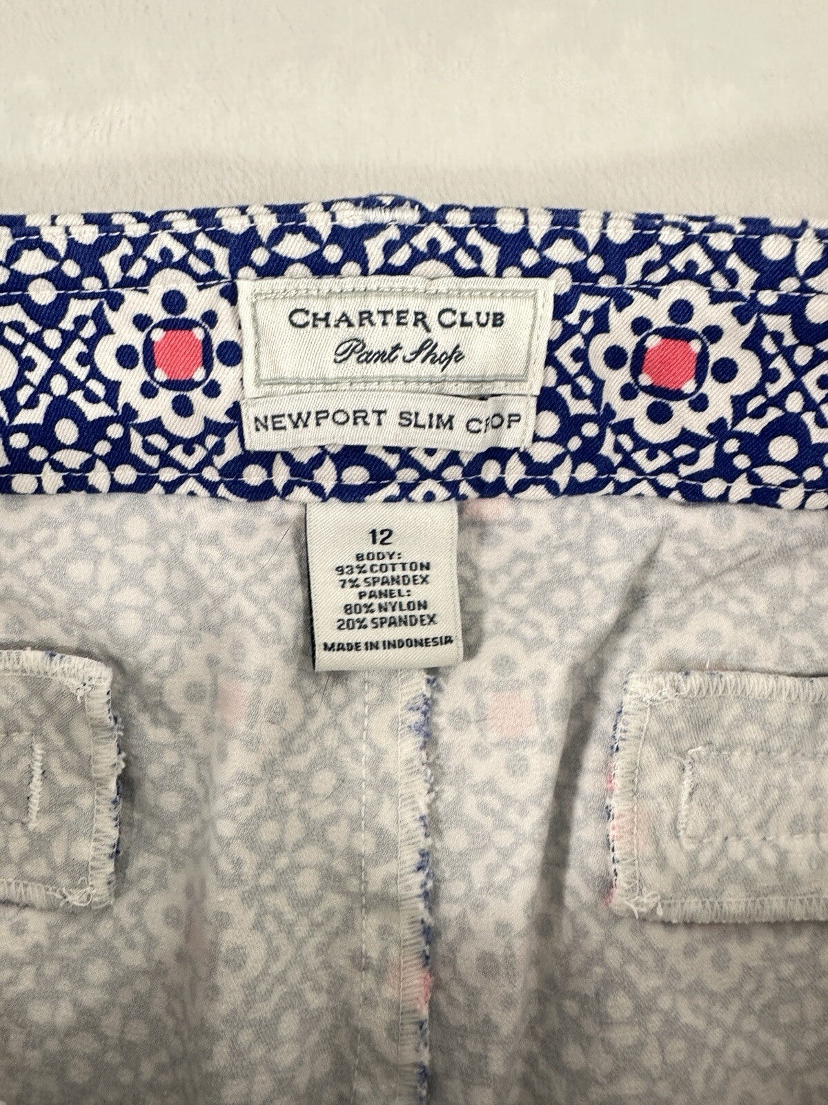 Charter Club Newport Slim Crop Pants 12 Blue Print Womens Cotton Stretch
