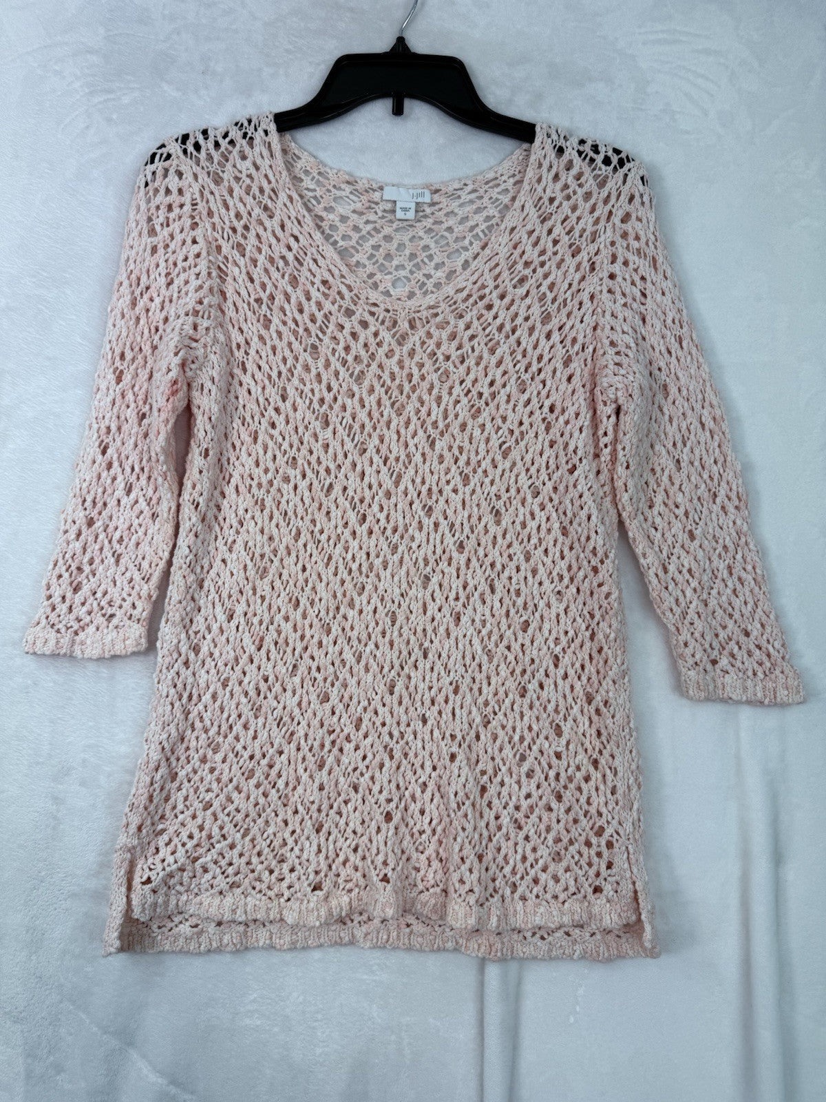 J Jill Small Pink Open Knit Sweater Crochet 100% Cotton 3/4 Sleeve Womens