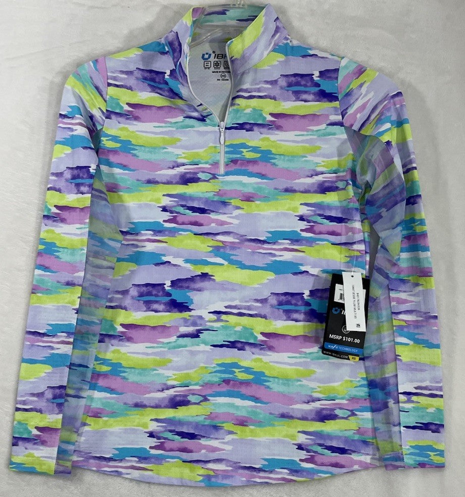 IBKUL Womens Long Sleeve Top XS 1/4 Zip Mock Neck Jessie Purple Blue Print Golf