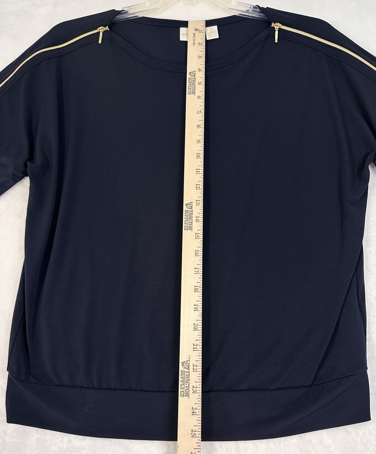 Chicos Size 2 Top Casual Navy Blue Pullover Large Short Sleeve Blouse Womens