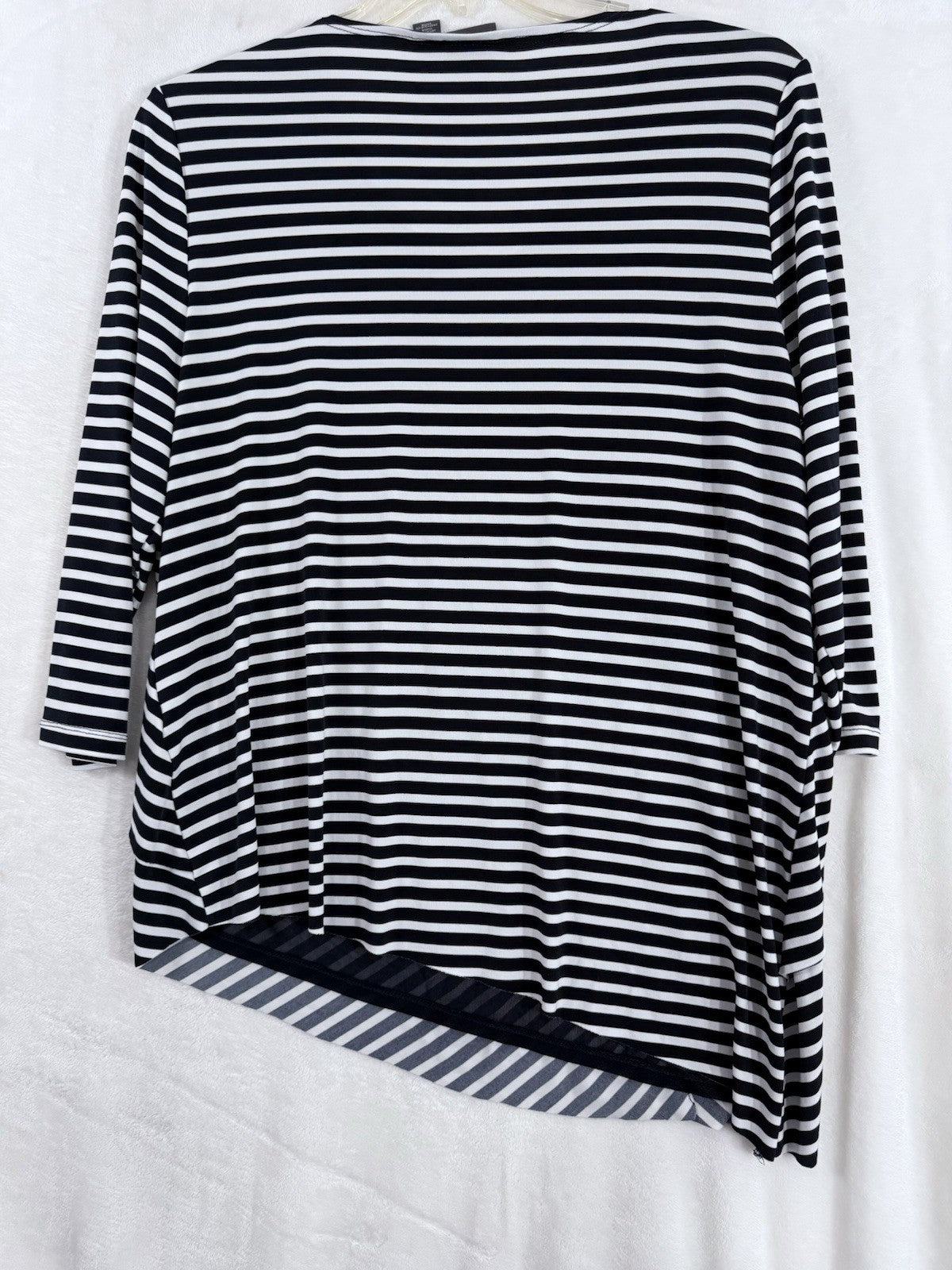 Chicos Travelers Tops Size 2 Large Navy Blue Striped Asymmetrical  3/4 Sleeve