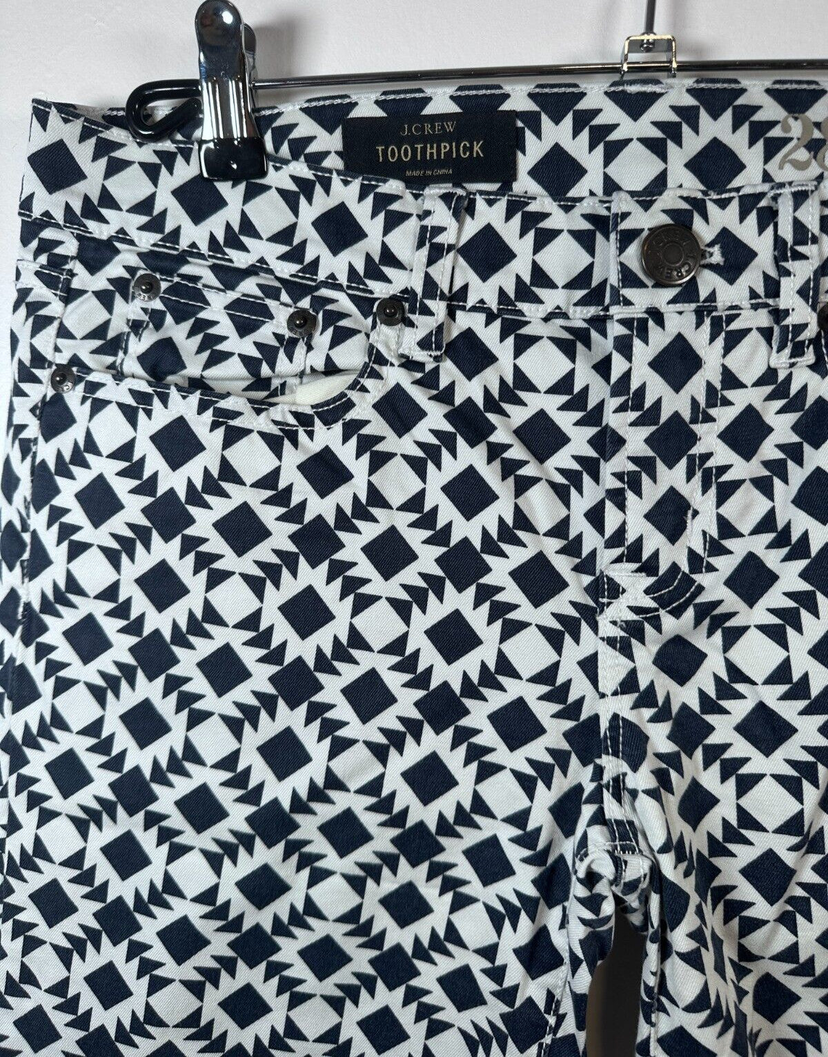 J Crew Toothpick Ankle Jeans Size 28 Geometric Print Navy Blue White Womens