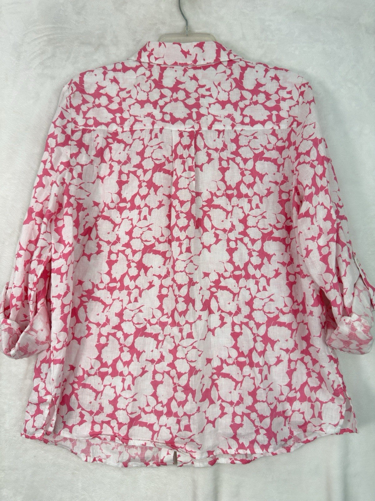 Charter Club Top Large 100% Linen Pink Floral Roll Tab Sleeve Womens Button Up