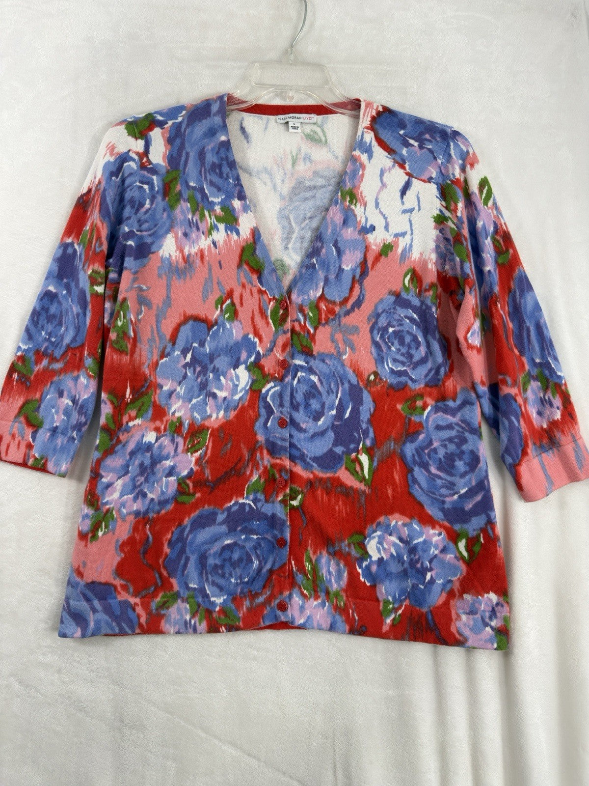 Isaac Mizrahi Cardigan Sweater Large Peony Floral Print Blue Red Top 3/4 Sleeve