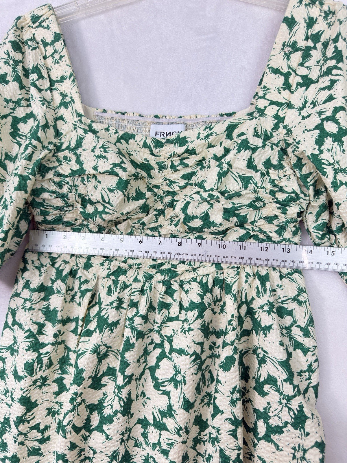 FRNCH Dress Small Met Green Floral Short Smocked Boho Cotton Womens
