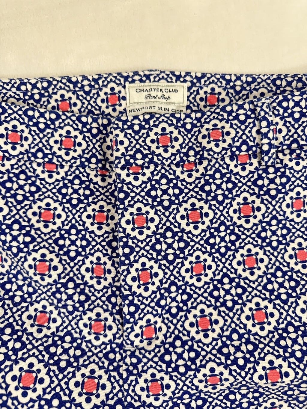 Charter Club Newport Slim Crop Pants 12 Blue Print Womens Cotton Stretch