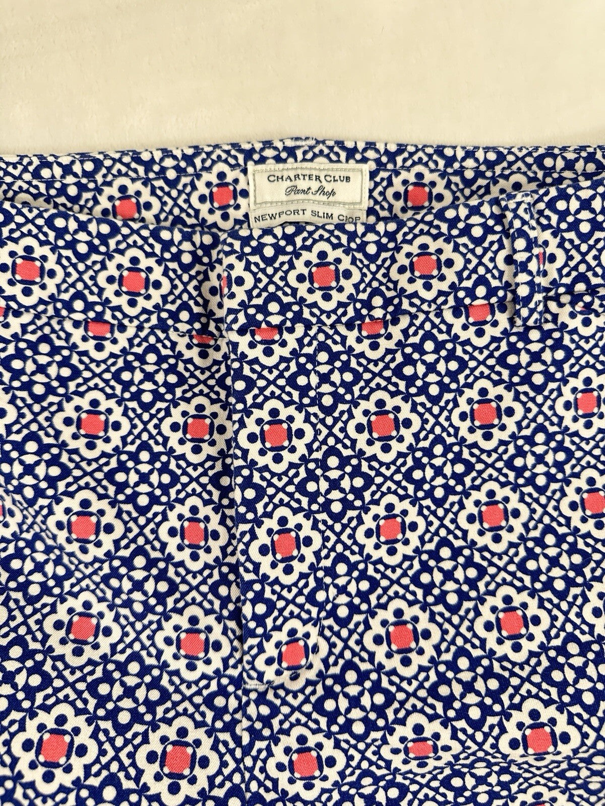 Charter Club Newport Slim Crop Pants 12 Blue Print Womens Cotton Stretch