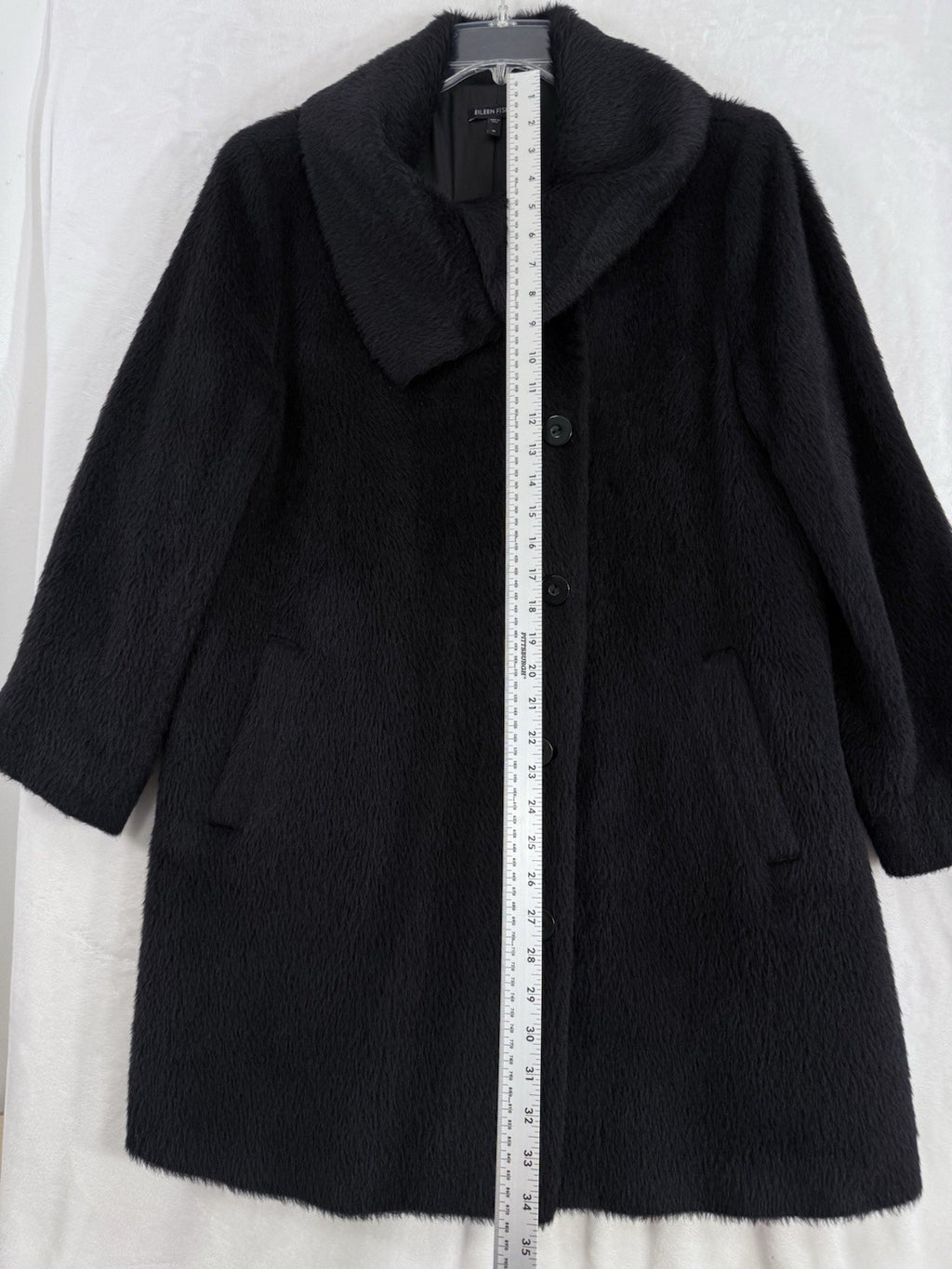 Eileen Fisher Medium Black Suri Alpaca High Collar Longline Long Coat Jacket