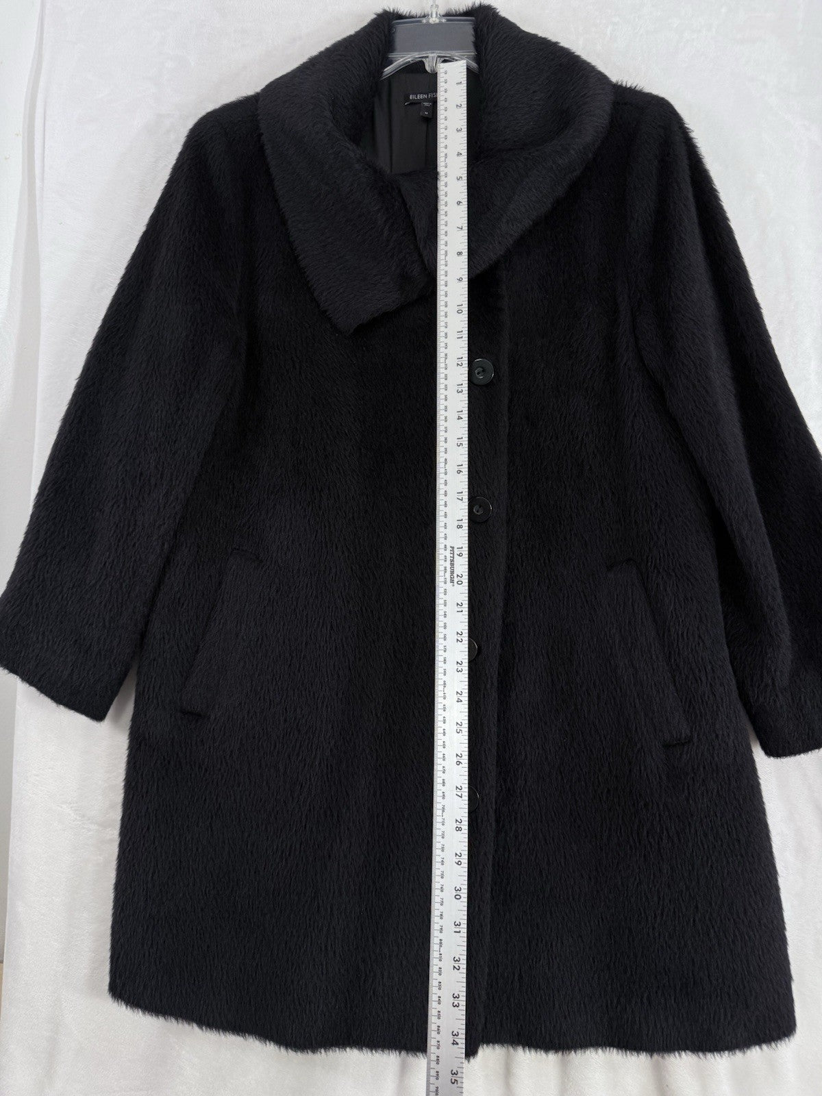 Eileen Fisher Medium Black Suri Alpaca High Collar Longline Long Coat Jacket