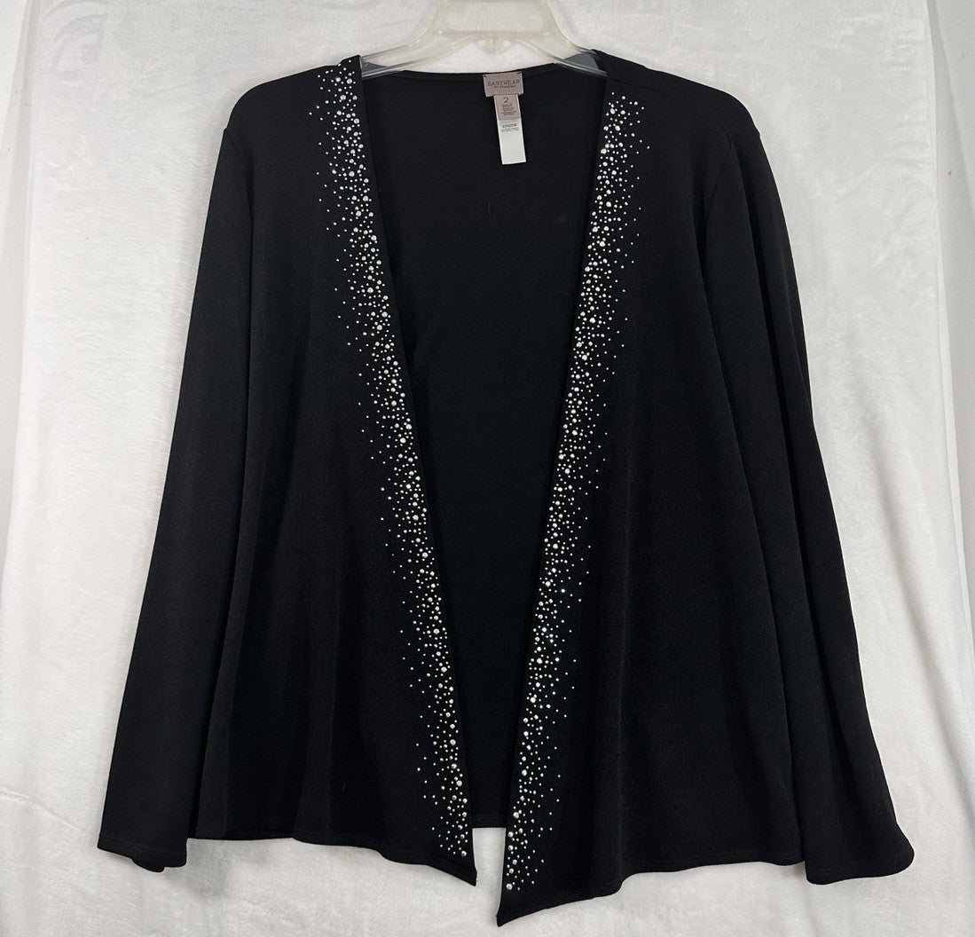 Chicos Size 2 EasyWear Cardigan Black Large Open Front Rhinestone Embellished