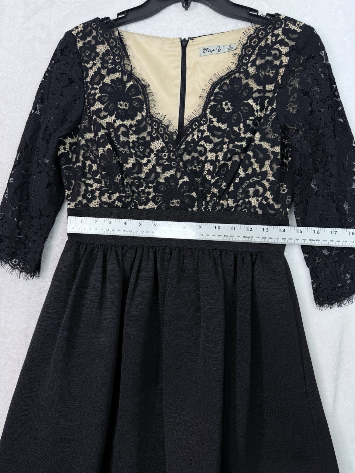 Eliza J Dress 6 Black Fit Flare Cocktail Above Knee Short Lace 3:4 Sleeve Womens
