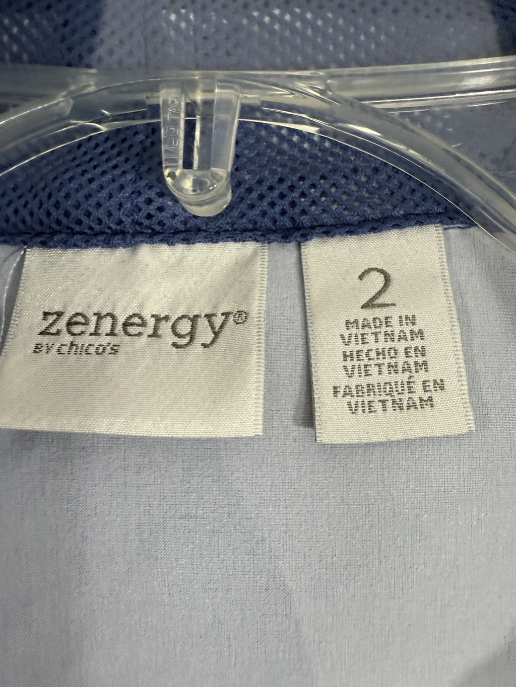 Chicos Zenergy Size 2 Large Jacket Full Zip Blue Floral Hooded Windbreaker Women