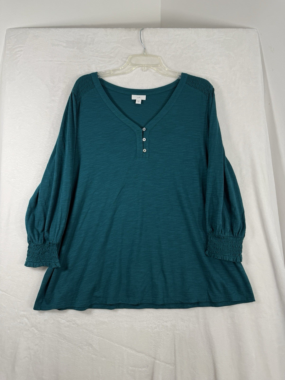 J Jill Top XL Smocked Long Sleeve Henley Tops Teal Green Womens Blouse