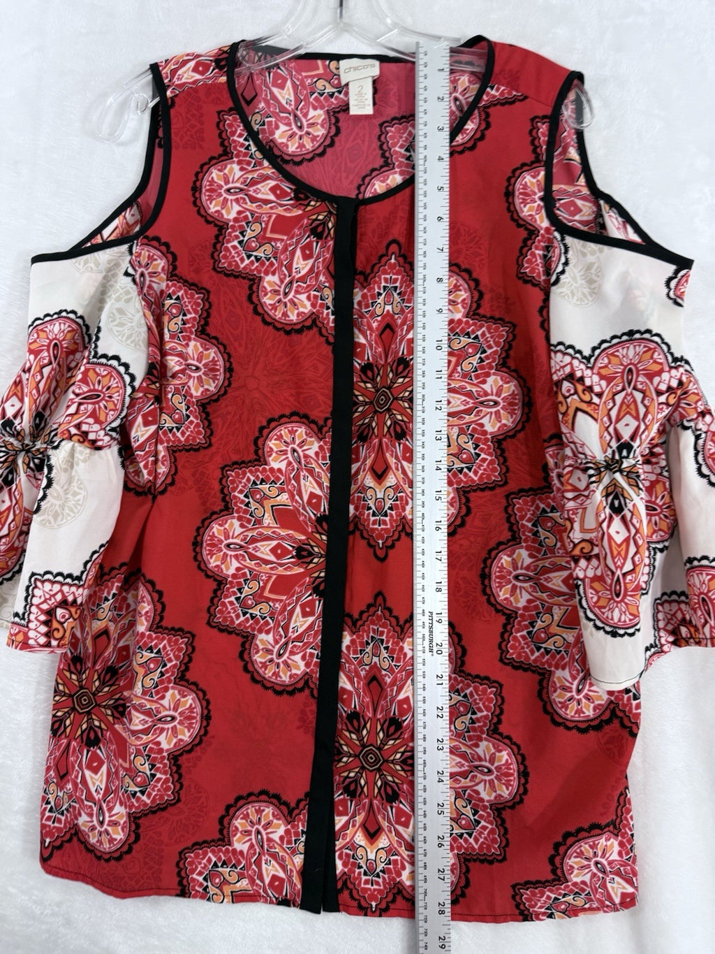 Chicos Size 2 Large Top Cold Shoulder Red Floral Print Blouse Womens