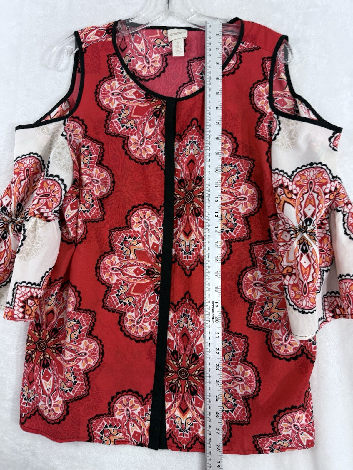 Chicos Size 2 Large Top Cold Shoulder Red Floral Print Blouse Womens