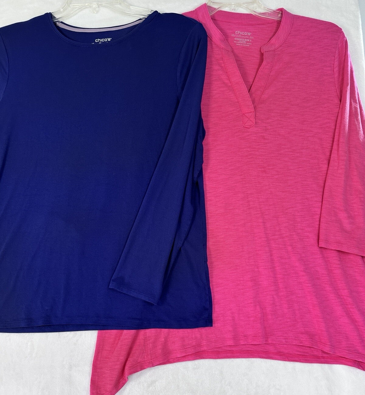 Chicos Size 2 Tops Lot Large Long Sleeve Ultimate Tee 3/4 Tunic Blue Pink Women