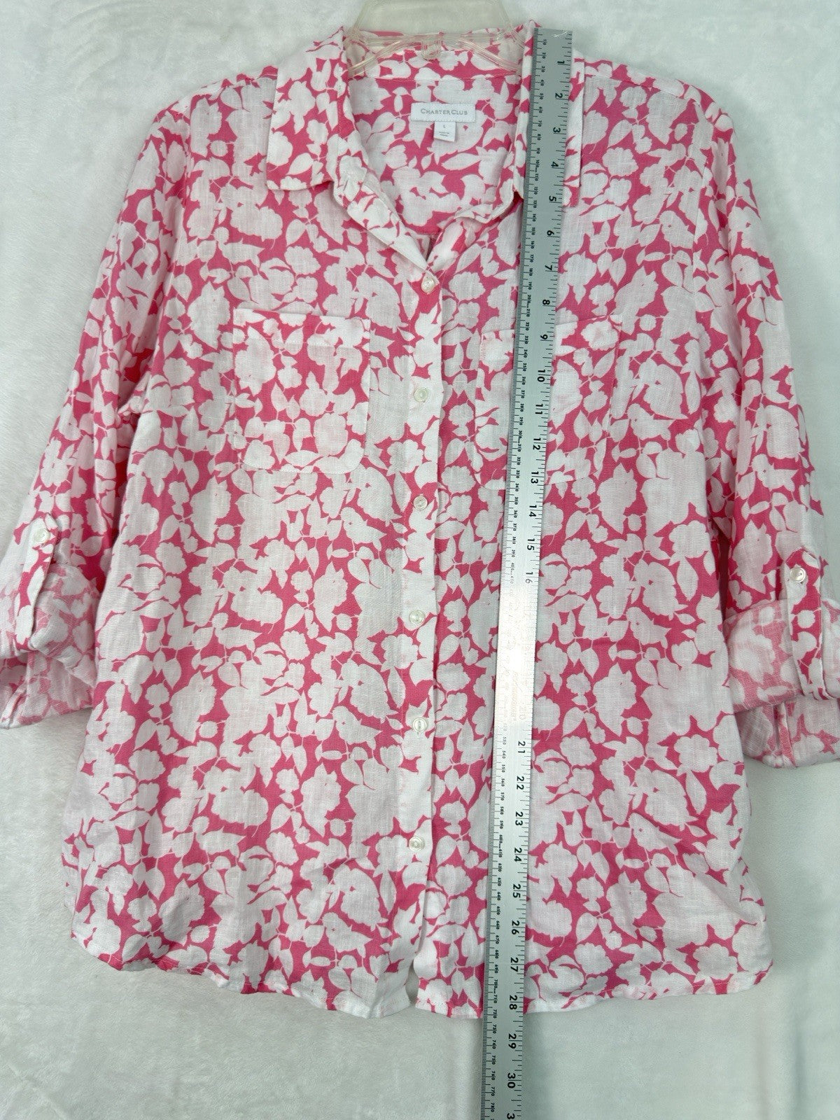 Charter Club Top Large 100% Linen Pink Floral Roll Tab Sleeve Womens Button Up