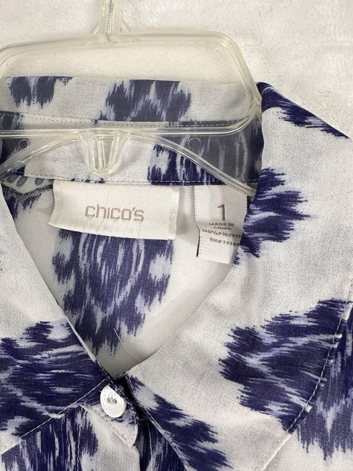Chicos Size 1 Tops 3/4 Sleeve Tunic Blouse Medium Womens Lightweight Blue White