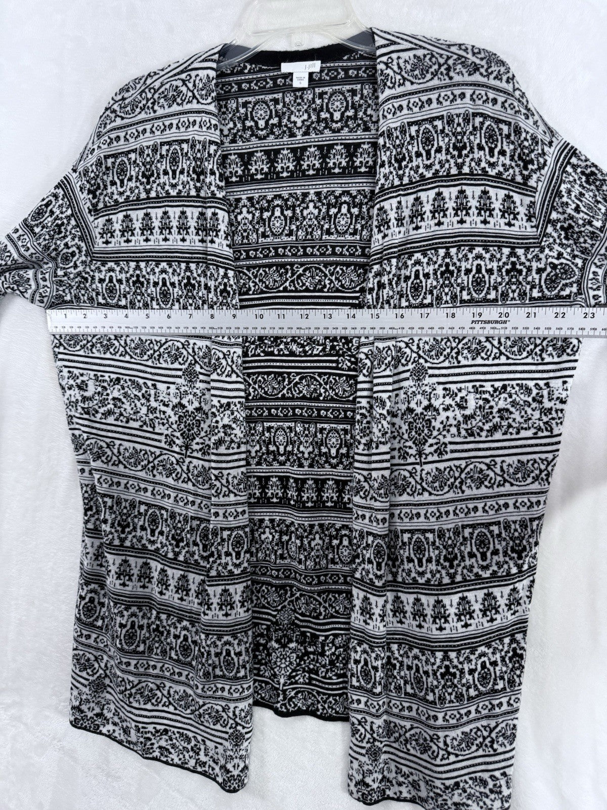 J Jill Small Cardigan Sweater Black White Damask Knit Long Sleeve Womens
