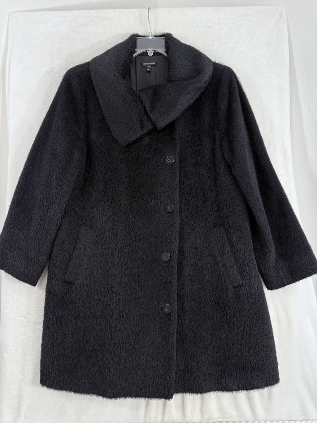 Eileen Fisher Medium Black Suri Alpaca High Collar Longline Long Coat Jacket