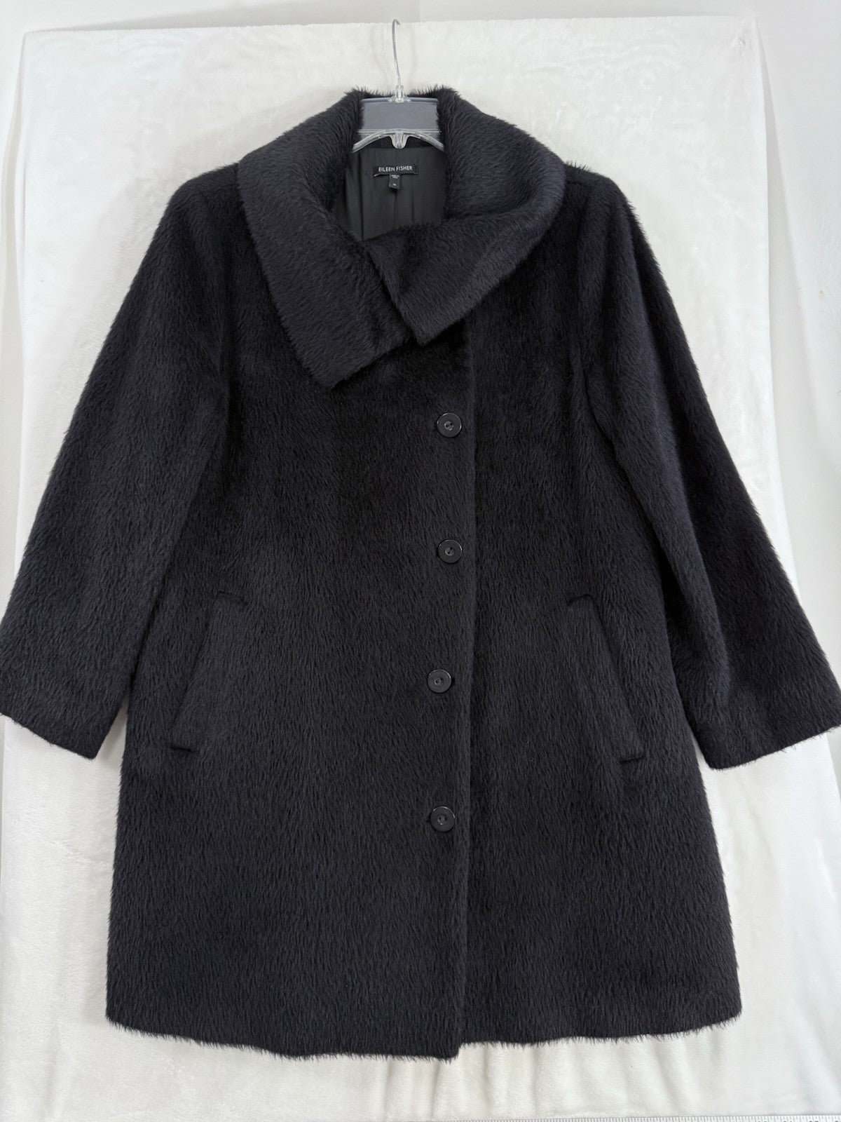 Eileen Fisher Medium Black Suri Alpaca High Collar Longline Long Coat Jacket