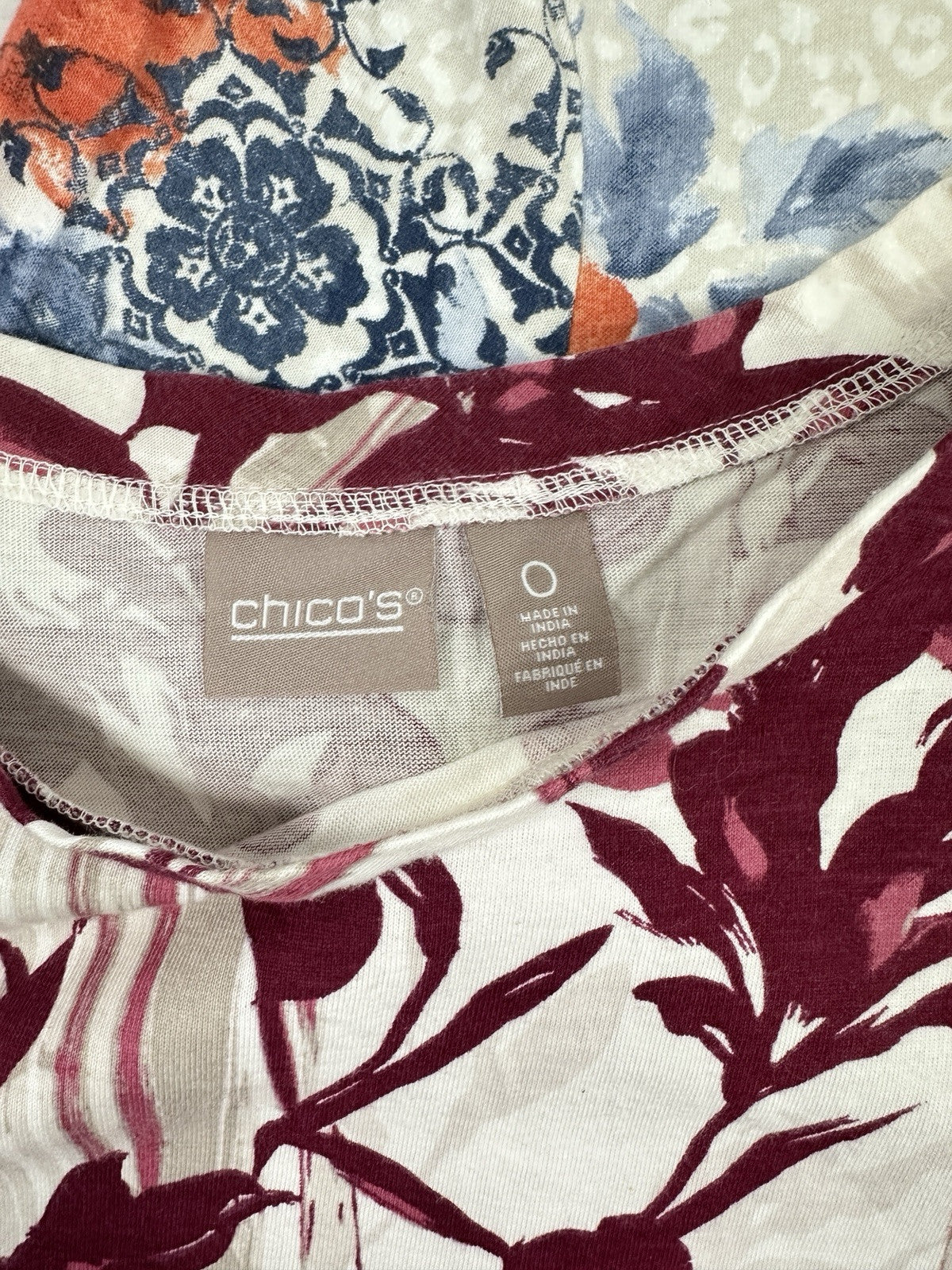 Chicos Size 0 Tops 3/4 Sleeve Purple Blue Floral Print Cotton Modal Womens Small