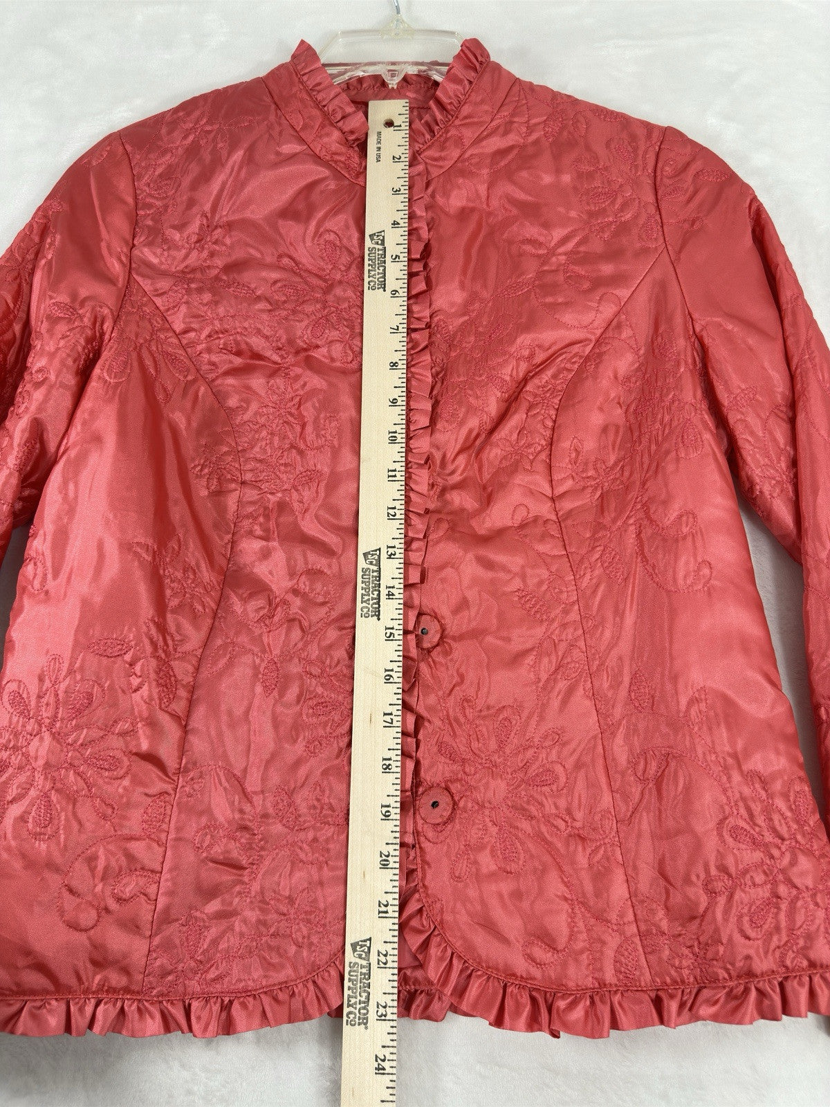 Chicos Size 0 Jacket Small Pink Quilted Ruffle Trim Mandarin Collar Womens
