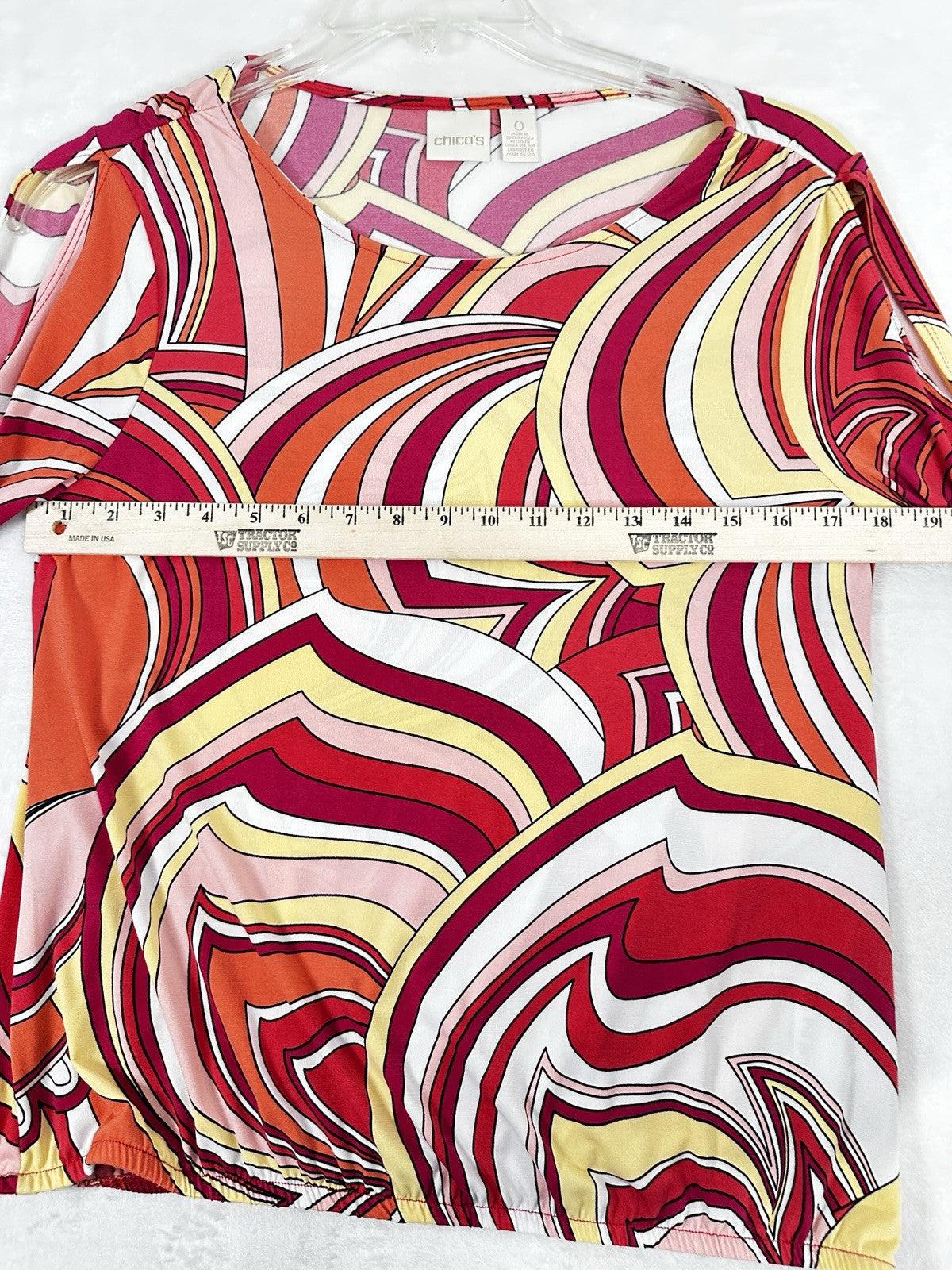 Chicos Abstract Bubble Hem Top Size 0 Orange Print Cold Shoulder Blouse Small