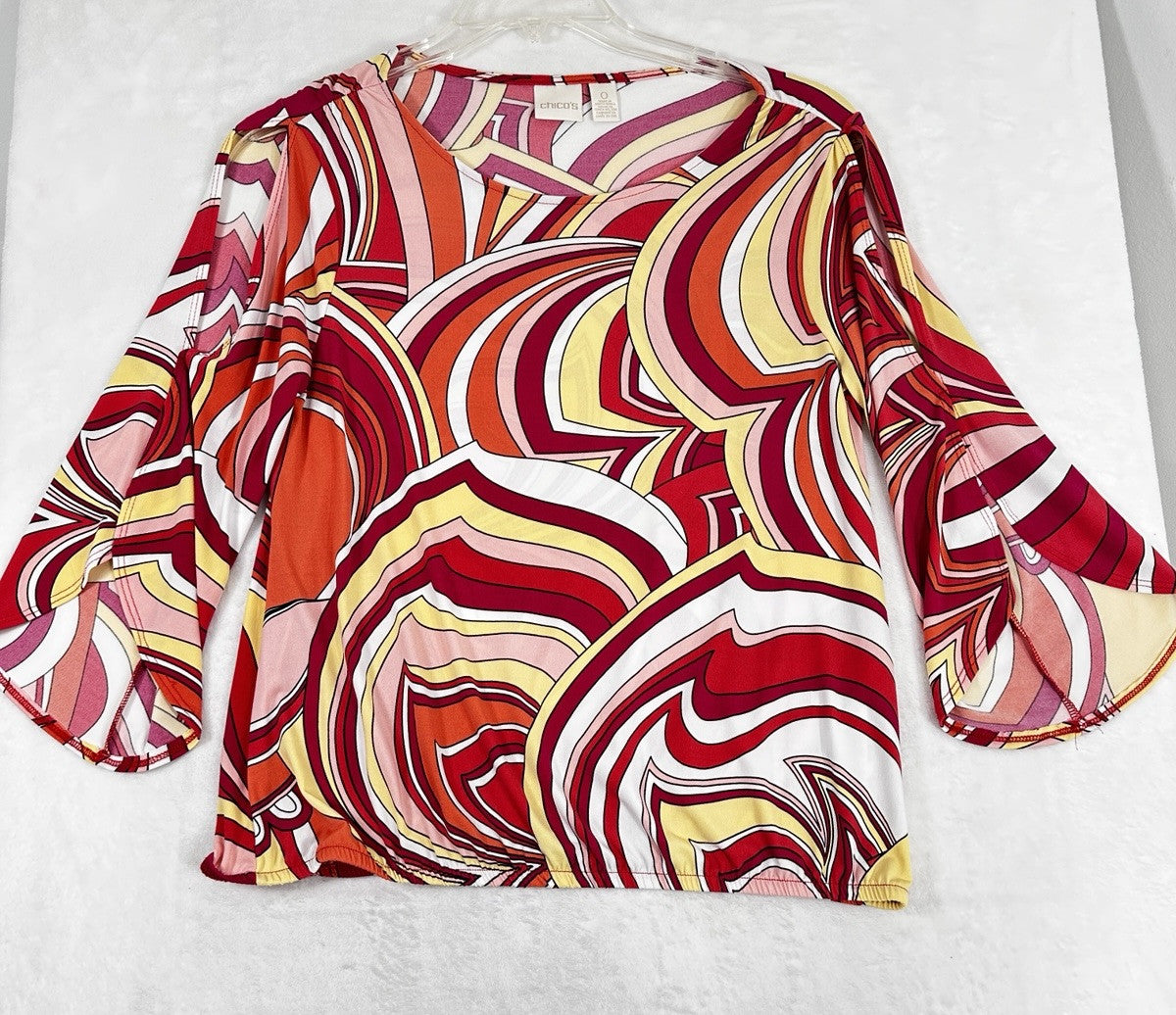 Chicos Abstract Bubble Hem Top Size 0 Orange Print Cold Shoulder Blouse Small