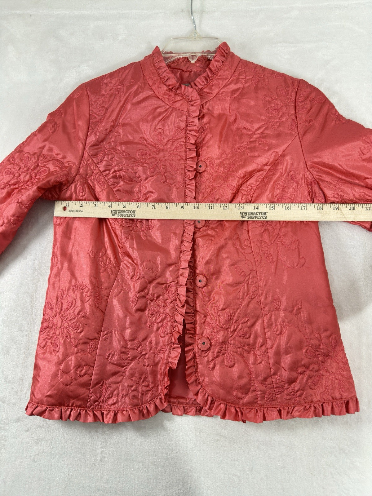 Chicos Size 0 Jacket Small Pink Quilted Ruffle Trim Mandarin Collar Womens