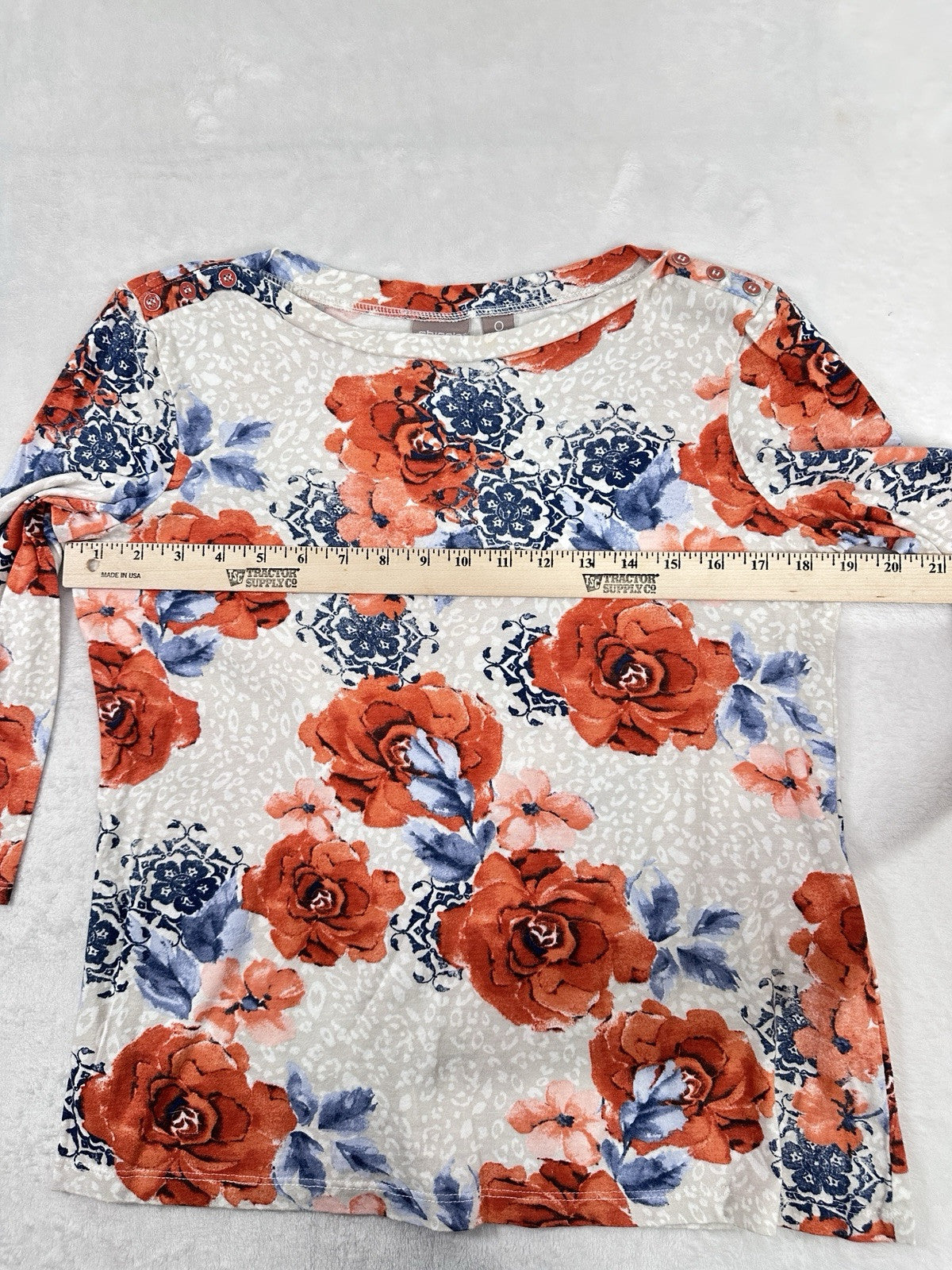 Chicos Size 0 Tops 3/4 Sleeve Purple Blue Floral Print Cotton Modal Womens Small