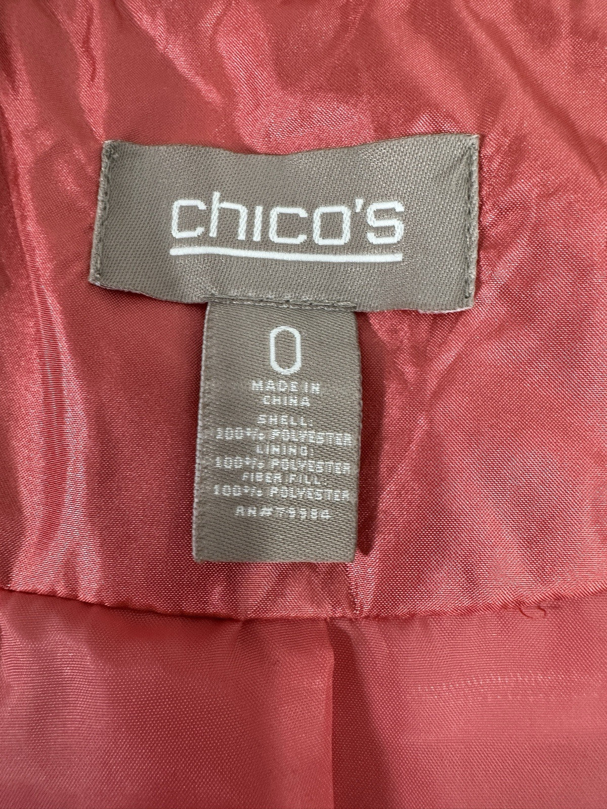 Chicos Size 0 Jacket Small Pink Quilted Ruffle Trim Mandarin Collar Womens