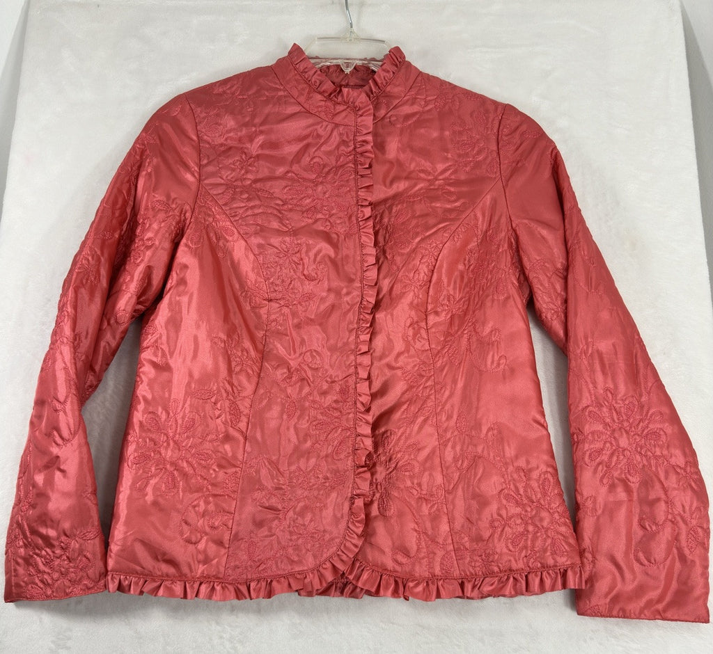 Chicos Size 0 Jacket Small Pink Quilted Ruffle Trim Mandarin Collar Womens