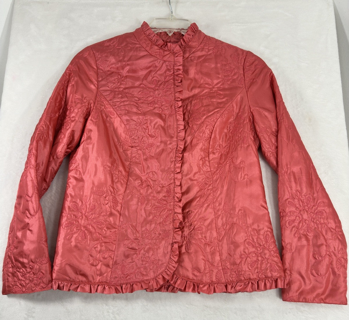 Chicos Size 0 Jacket Small Pink Quilted Ruffle Trim Mandarin Collar Womens