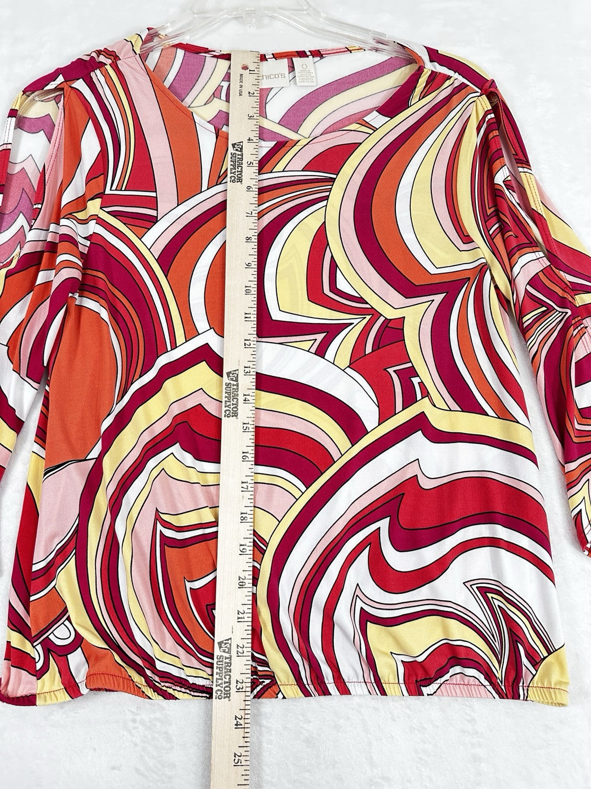 Chicos Abstract Bubble Hem Top Size 0 Orange Print Cold Shoulder Blouse Small