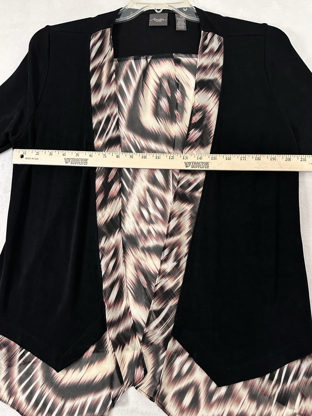 Chicos Travelers Size 1 Jacket Black Large Mixed Fabric Open Front Womens