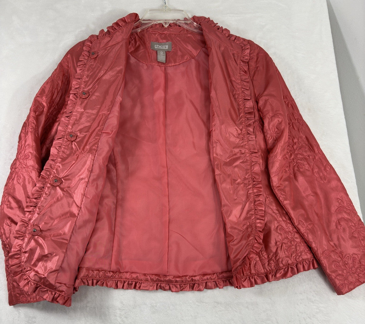 Chicos Size 0 Jacket Small Pink Quilted Ruffle Trim Mandarin Collar Womens