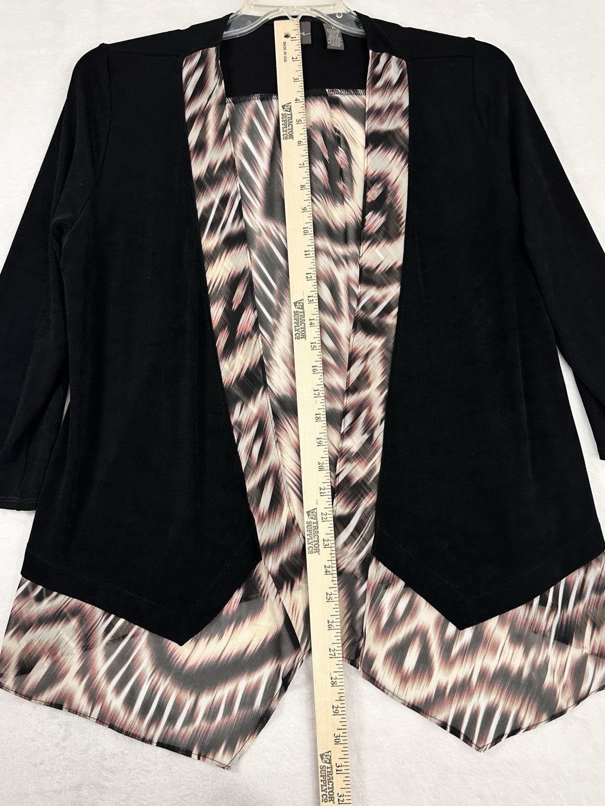Chicos Travelers Size 1 Jacket Black Large Mixed Fabric Open Front Womens