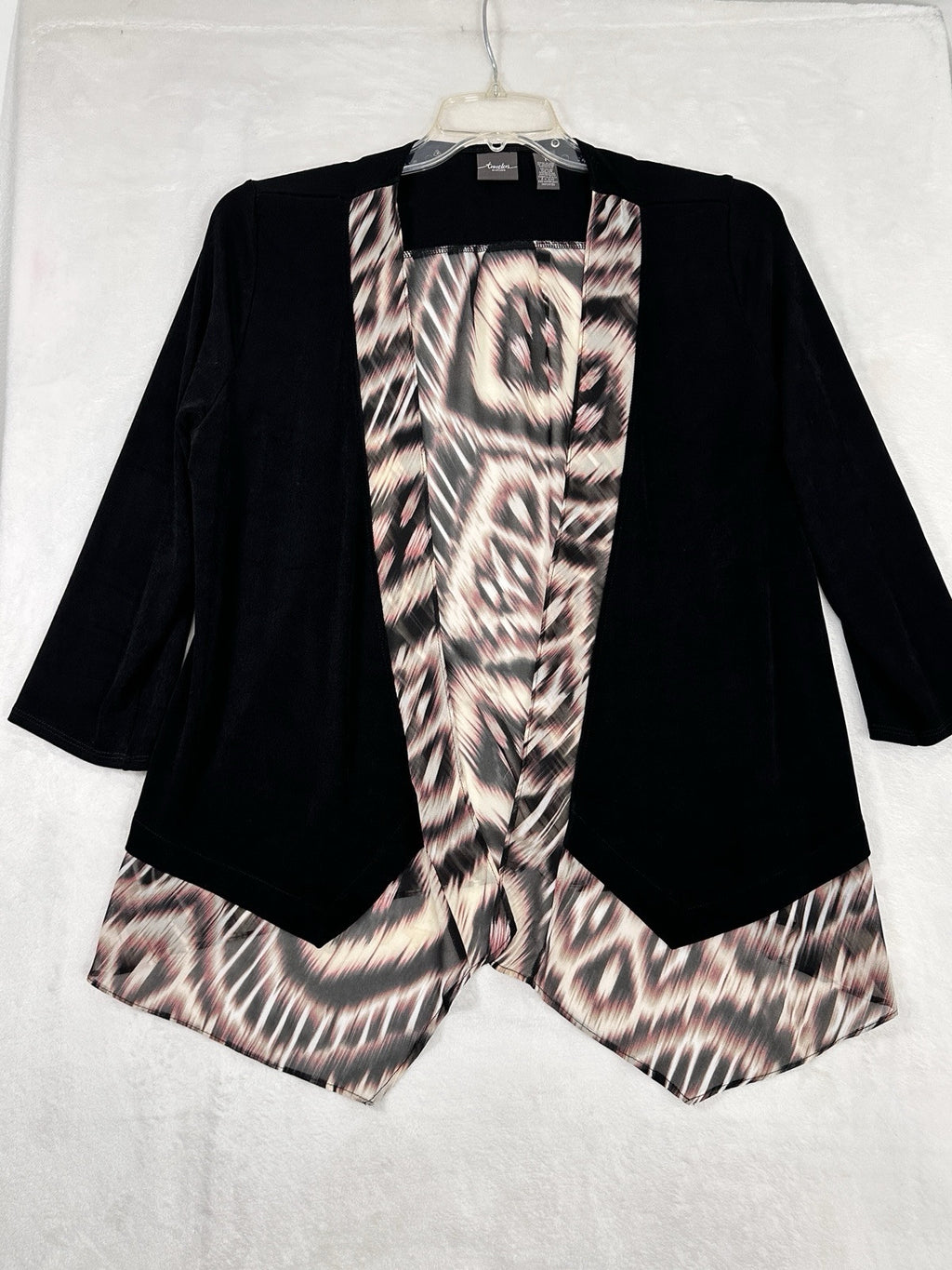 Chicos Travelers Size 1 Jacket Black Large Mixed Fabric Open Front Womens