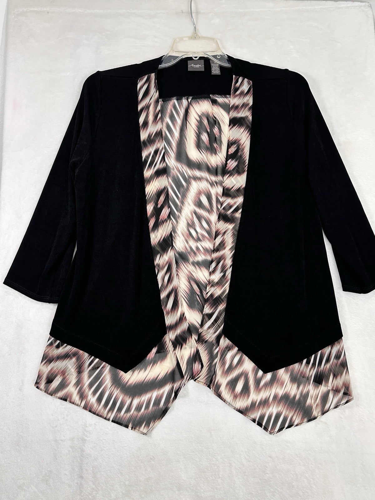 Chicos Travelers Size 1 Jacket Black Large Mixed Fabric Open Front Womens